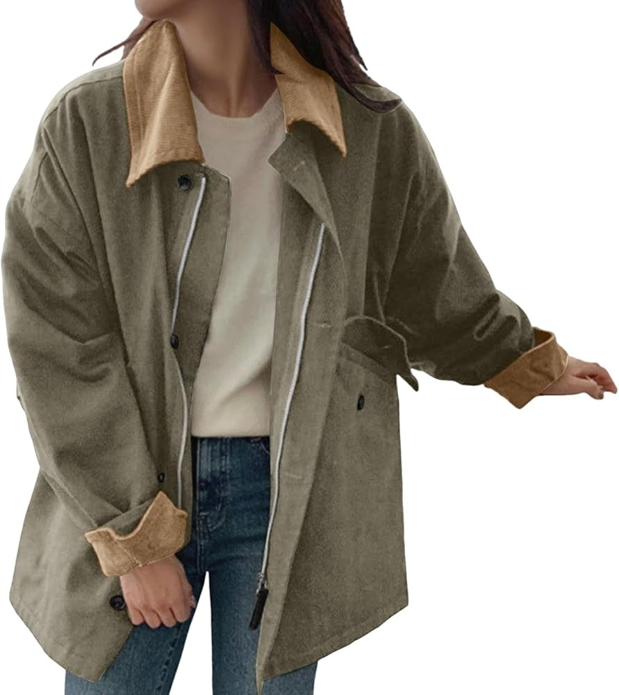 Womens Oversized Barn Jacket Button Down Canvas Jacket Corduroy Lapel Collar Fall Fashion 2024 Ch... | Amazon (US)