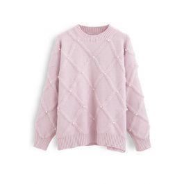 Diamond Pearls Trim Fuzzy Knit Sweater in Pink | Chicwish