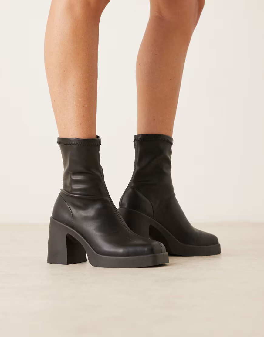 ASOS DESIGN Edison square toe chunky heeled sock boots in black | ASOS (Global)
