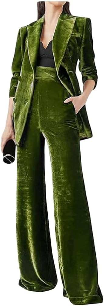 Women's 2 Piece Velvet Suit Office Work Suit Notch Lapel Double Breasted Blazer Pants Business Su... | Amazon (US)
