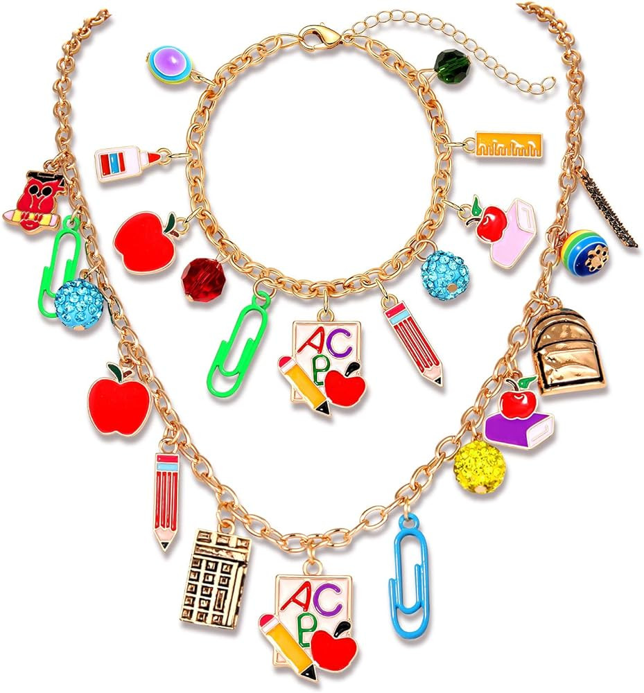 Teacher Necklace Earrings Bracelet for Women, Teacher Accessories, Cute Apple Pencil Book Charms ... | Amazon (US)