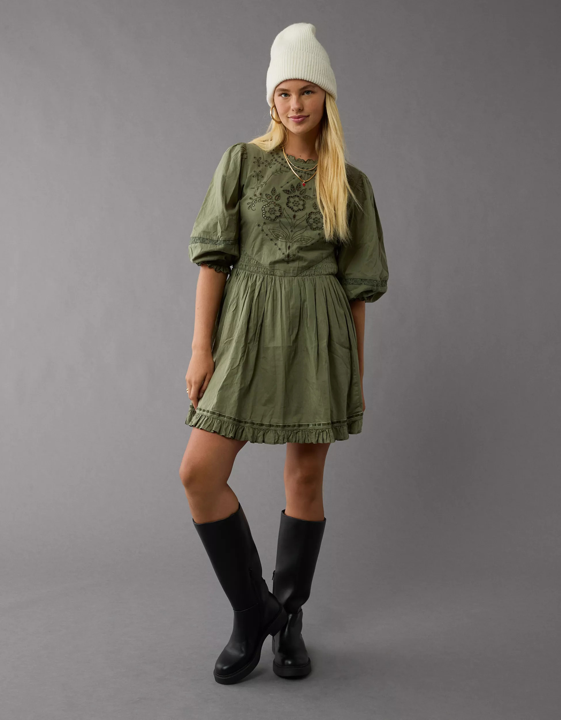 AE Embroidered Puff Sleeve Mini Dress | American Eagle Outfitters (US & CA)