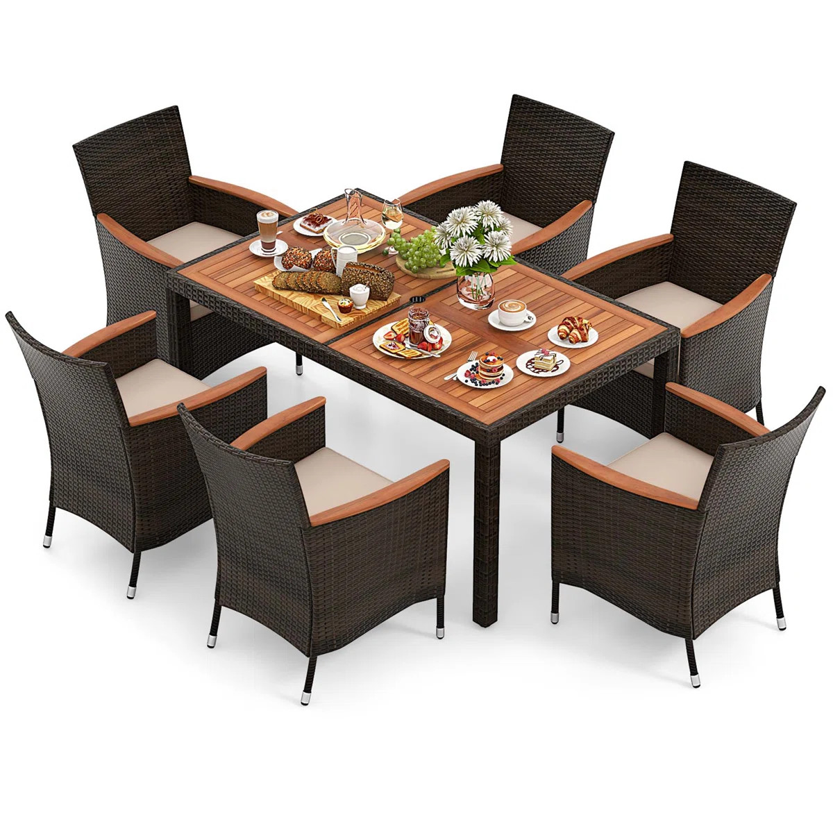 7-Piece Outdoor Wicker Dining Set With Acacia Wood Table And 6 Chairs | Wayfair North America
