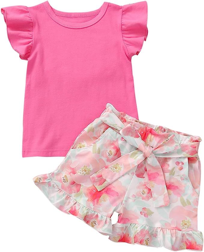 Toddler Baby Girl 2Pcs Fashion Outfits Set Solid Color Fly Sleeve Top + Floral Print Shorts Girl'... | Amazon (US)