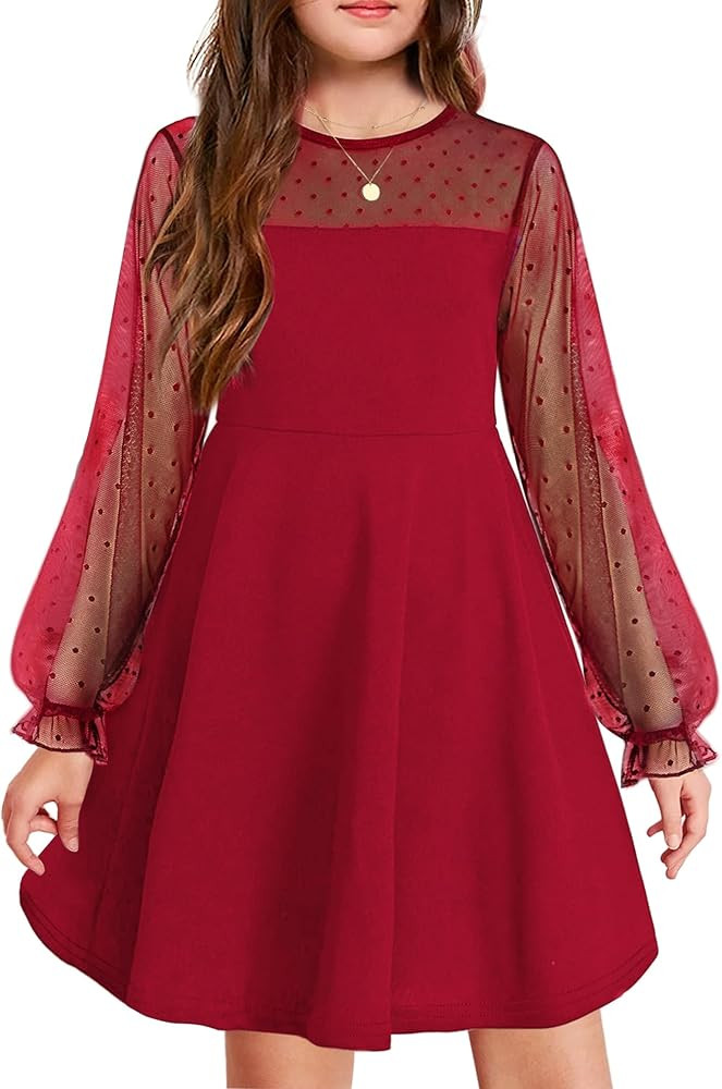 Arshiner Girl's Contrast Mesh Puff Long Sleeve High Waist A Line Short Dress with Pockets for 6-1... | Amazon (US)