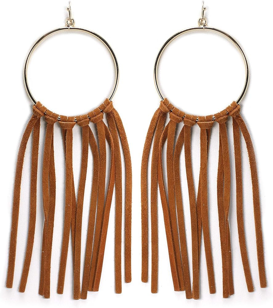 Miracle Collection Bohemian Statement Light Weight Round Hoop With Genuine Suede Leather Fringe Tass | Amazon (US)