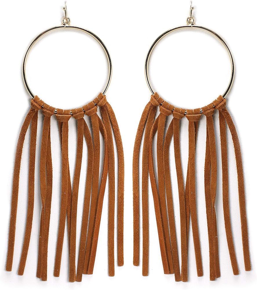 Miracle Collection Bohemian Statement Light Weight Round Hoop With Genuine Suede Leather Fringe Tass | Amazon (US)