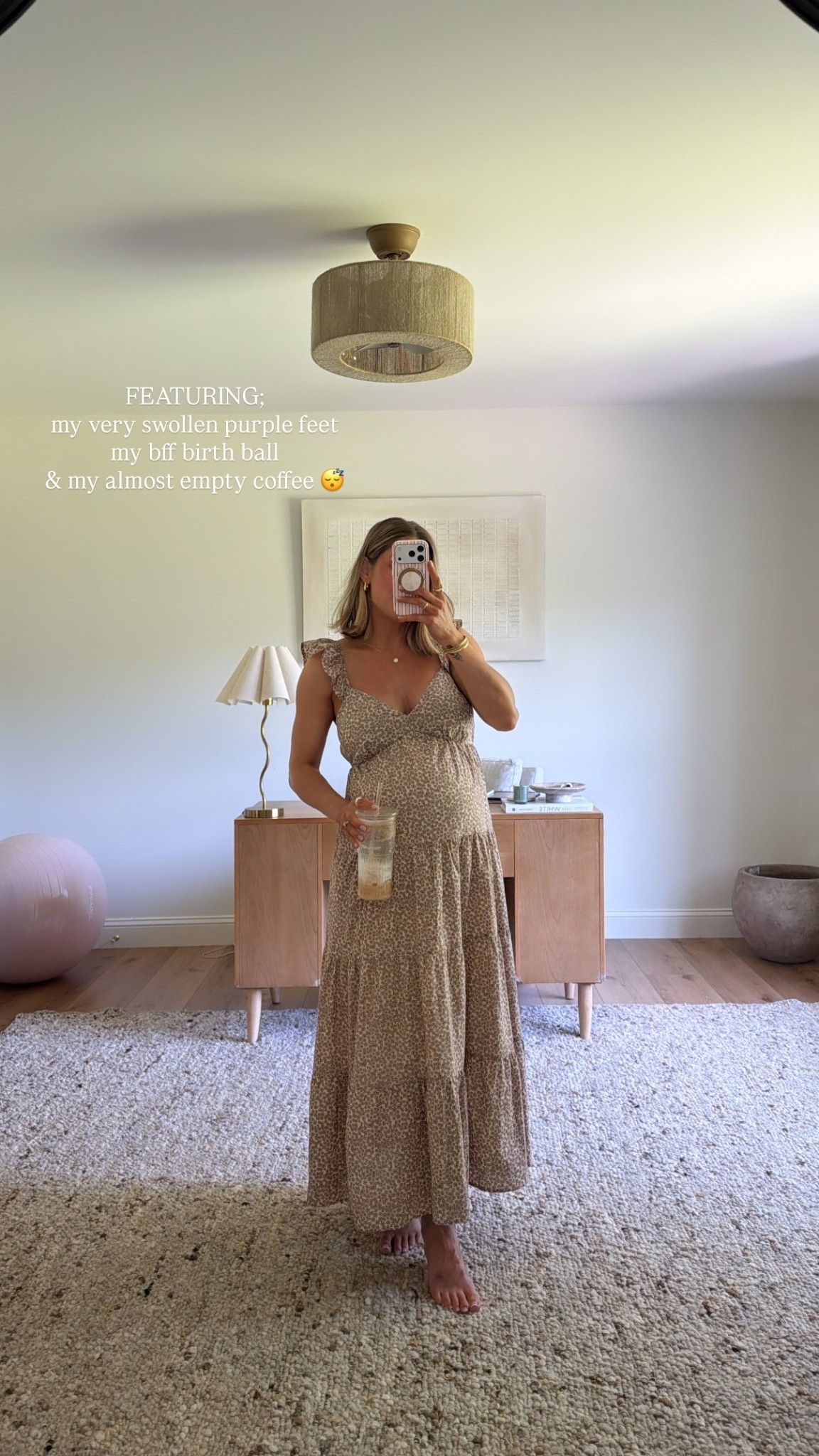 FEATURING;
my very swollen purple feet
my bff birth ball
& my almost empty coffee 😴

Love this bump-friendly dress from Target! Wearing size small