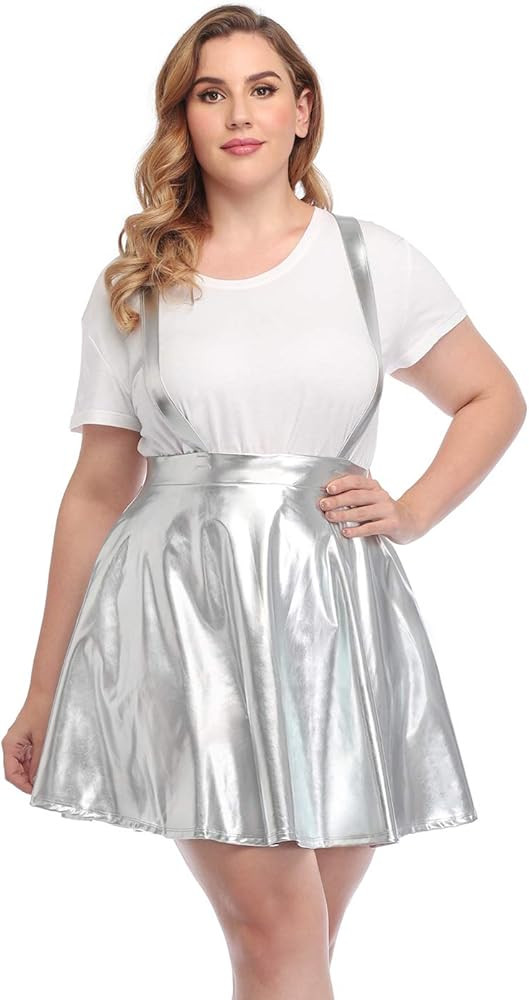 HDE Plus Size Shiny Metallic Suspender Skirt High Waisted Holographic Rave Skirt | Amazon (US)