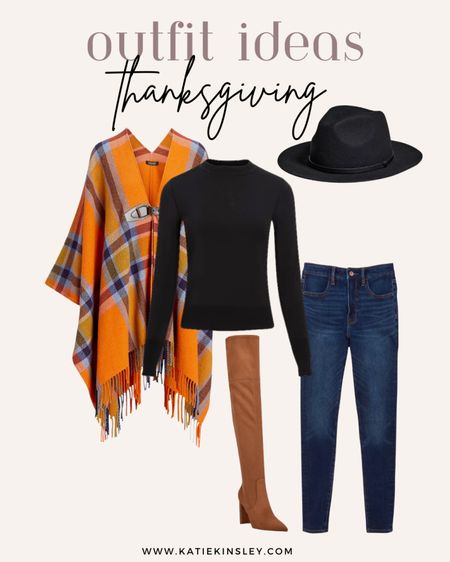 Thanksgiving outfit ideas - plaid orange shawl, jeans, over the knee boots, black tee, black hat

#LTKshoecrush #LTKHoliday #LTKstyletip