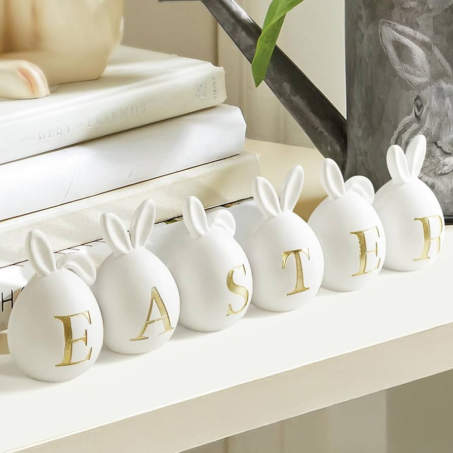Easter Decorations Decor: 6pcs White Resin Easter Bunny Eggs Set Table Centerpiece, Cute Rabbit-E... | Amazon (US)