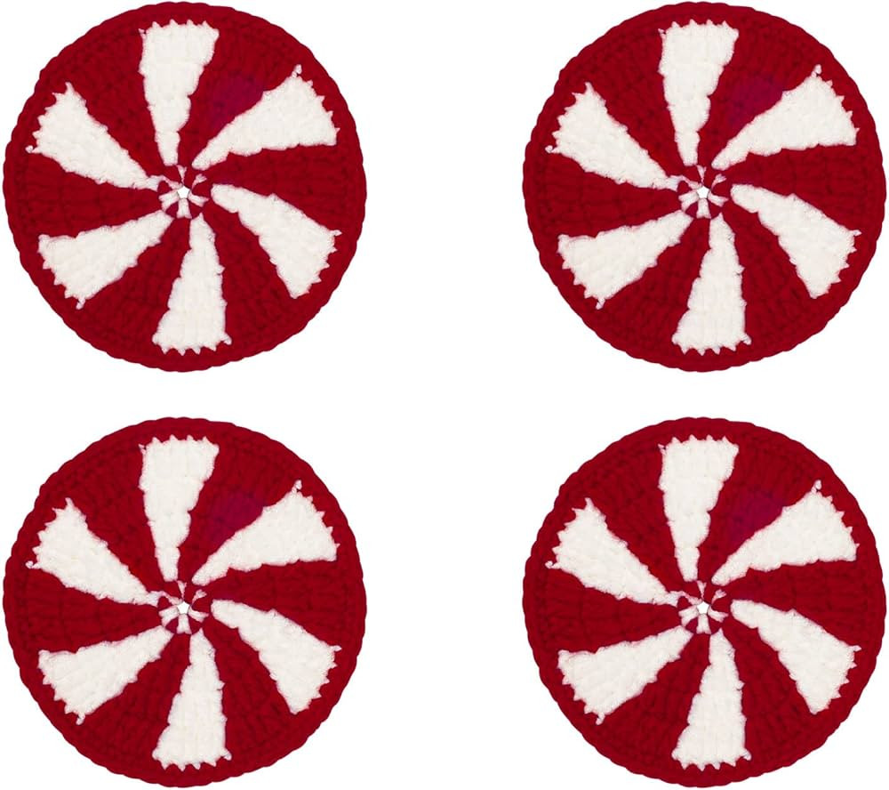 Whaline 4 Pack Christmas Candy Coaster Handmade Crochet Drink Coaster Woven Red White Peppermint ... | Amazon (US)