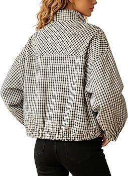 Womens Plaid Jacket High Neck Drawstring Hem Casual Lightweight Streetwear | Amazon (UK)