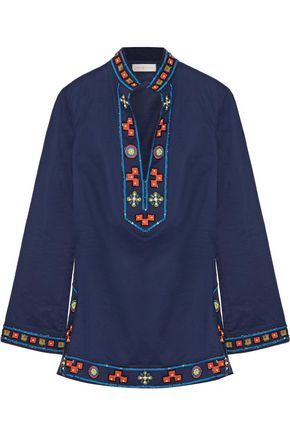 Tory Burch Woman Tory Appliquéd Embellished Cotton Tunic Navy Size 0 | The Outnet US