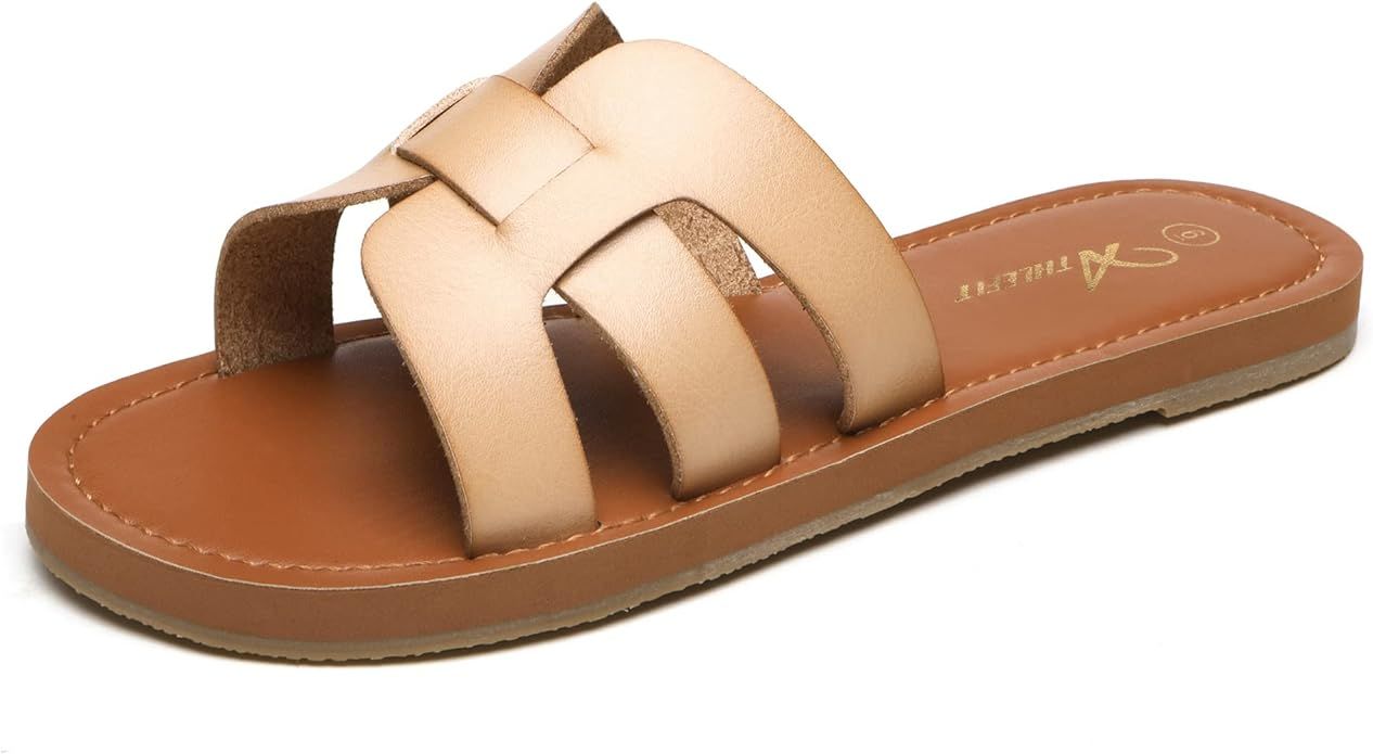 Athlefit Women's Flat Sandals Summer Casual Slip On Leather Slide Sandal | Amazon (US)