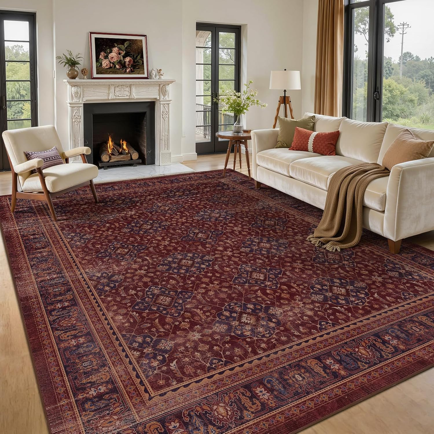 Amber Red Living Room Rug 8x10, Earth Tone Vintage Bedroom Rug with Boho Floral Trellis Purple Accents, Non Slip Washable Low Pile Thin Carpet Rug for Dining Room/Guest Room/Home Office | Amazon (US)