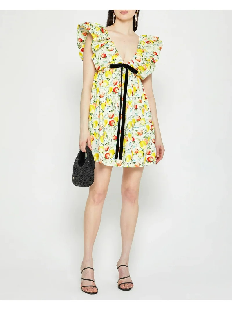 Women Mini Dress Floral/Lemon/Dot Print Fly Sleeve Bowknot V-Neck Dress Summer Casual Dress | Walmart (US)