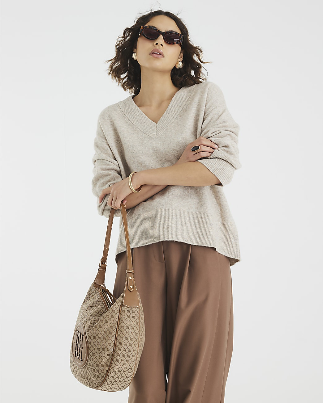 Beige Knitted V Neck Jumper | River Island UK & IE