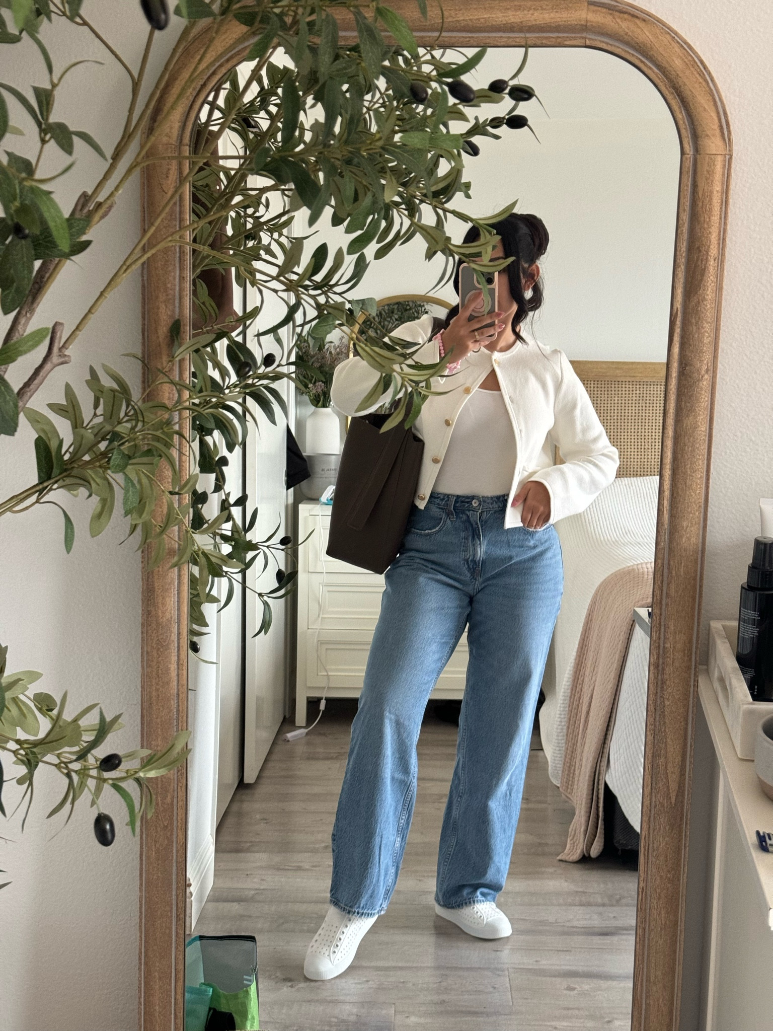 OOTD! 🤍 super comfy mom fit! Wearing size medium in top and sweater and size 6/28 in jeans! Also these might be my go to sneakers now! Also this bag is everything and forgot how much I love big bags!

#LTKItBag #LTKShoeCrush #LTKSaleAlert