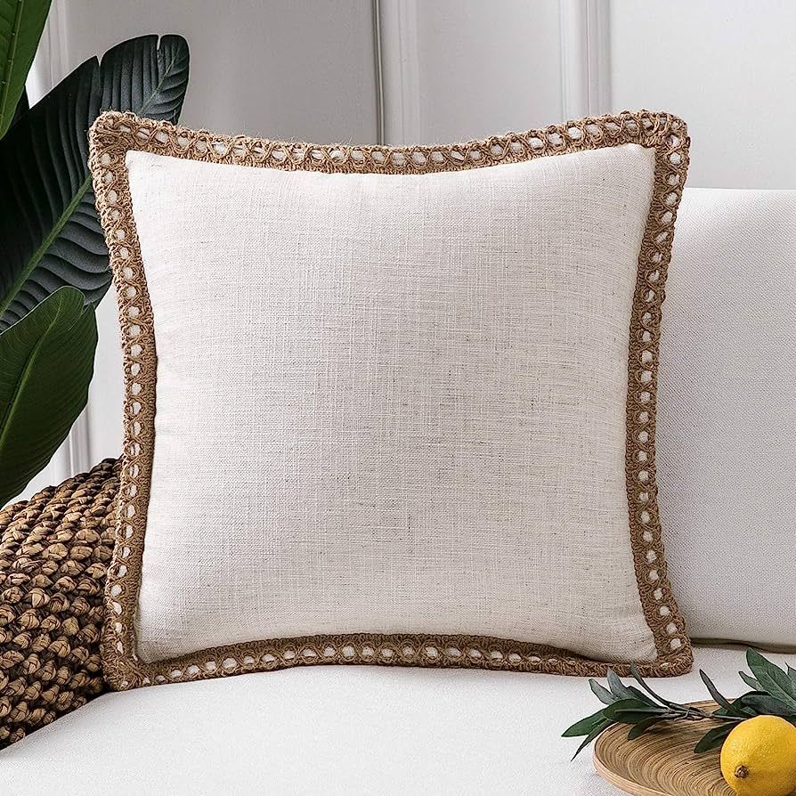 Phantoscope Farmhouse Decorative Throw Pillow Cover Burlap Linen Trimmed Tailored Edges Outdoor P... | Amazon (US)