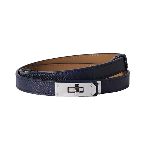Ovekaut Women Skinny Leather Belt Solid Color Alloy Turn Lock Adjustable Waistband for Dresses Jeans Coats (Dark Blue/Silver) | Amazon (US)
