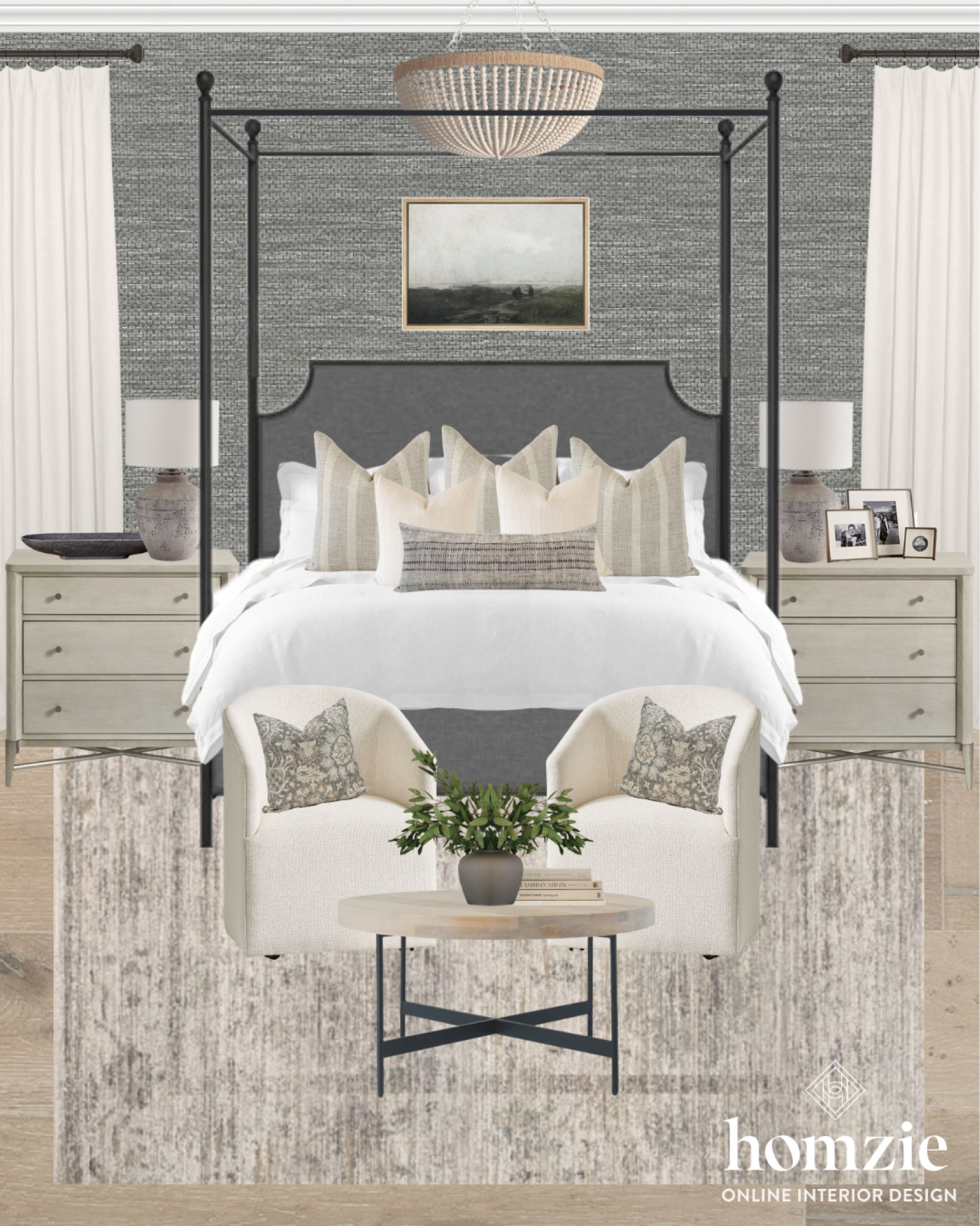 This stunning modern Classic bedroom makes such a statement with the four poster bed, textured wall paper, and stunning  skirted chairs! 

#LTKFind #LTKunder100 #LTKhome
