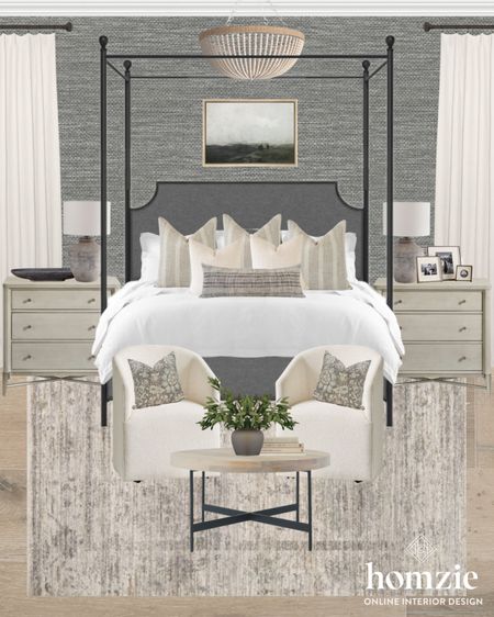 This stunning modern Classic bedroom makes such a statement with the four poster bed, textured wall paper, and stunning  skirted chairs! 

#LTKFind #LTKunder100 #LTKhome