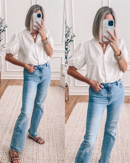 ⭐️ Amazon puff sleeve button up top 
This cute top is oversized, fits true to size and comes in other colors. Wearing a small. These flare jeans are one of my favorites for spring! I love the fit and color! 🎉 Currently 50% off plus free shipping with code CYBER. Wearing a 27

#founditonamazon #springfashion 


#LTKSeasonal #LTKfindsunder50 #LTKsalealert