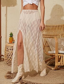MISSACTIVER Womens Sheer Lace Maxi Skirt Sexy Mesh See Through Long Skirt High Leg Slit Flowy Boh... | Amazon (US)