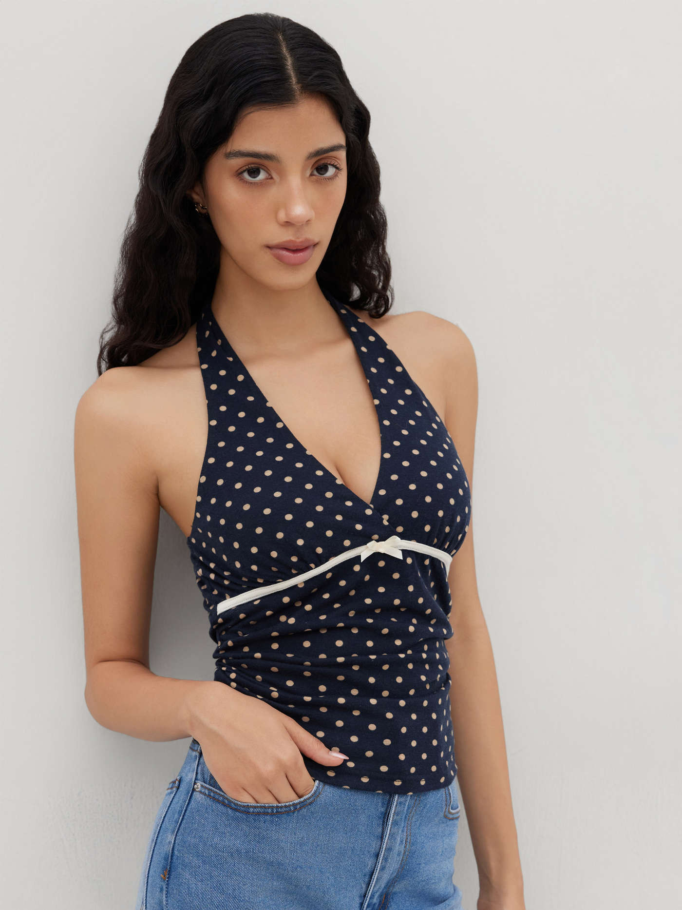 Knit Fabric V-neck Halter Polka Dot Bowknot Ruched Tank Top For Date | Cider