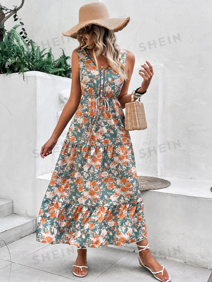 SHEIN VCAY Allover Floral Print Ruffle Hem Belted Dress | SHEIN