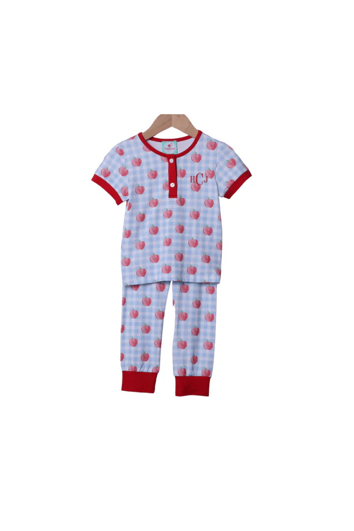 Blue Gingham Apple Knit Pajamas | The Smocked Flamingo