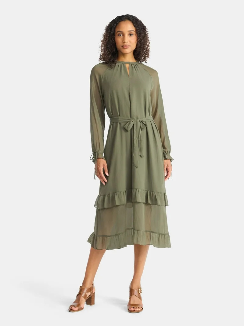 Time and Tru Women's High Neck Tiered Midi Dress, Sizes XS-XXXL | Walmart (US)
