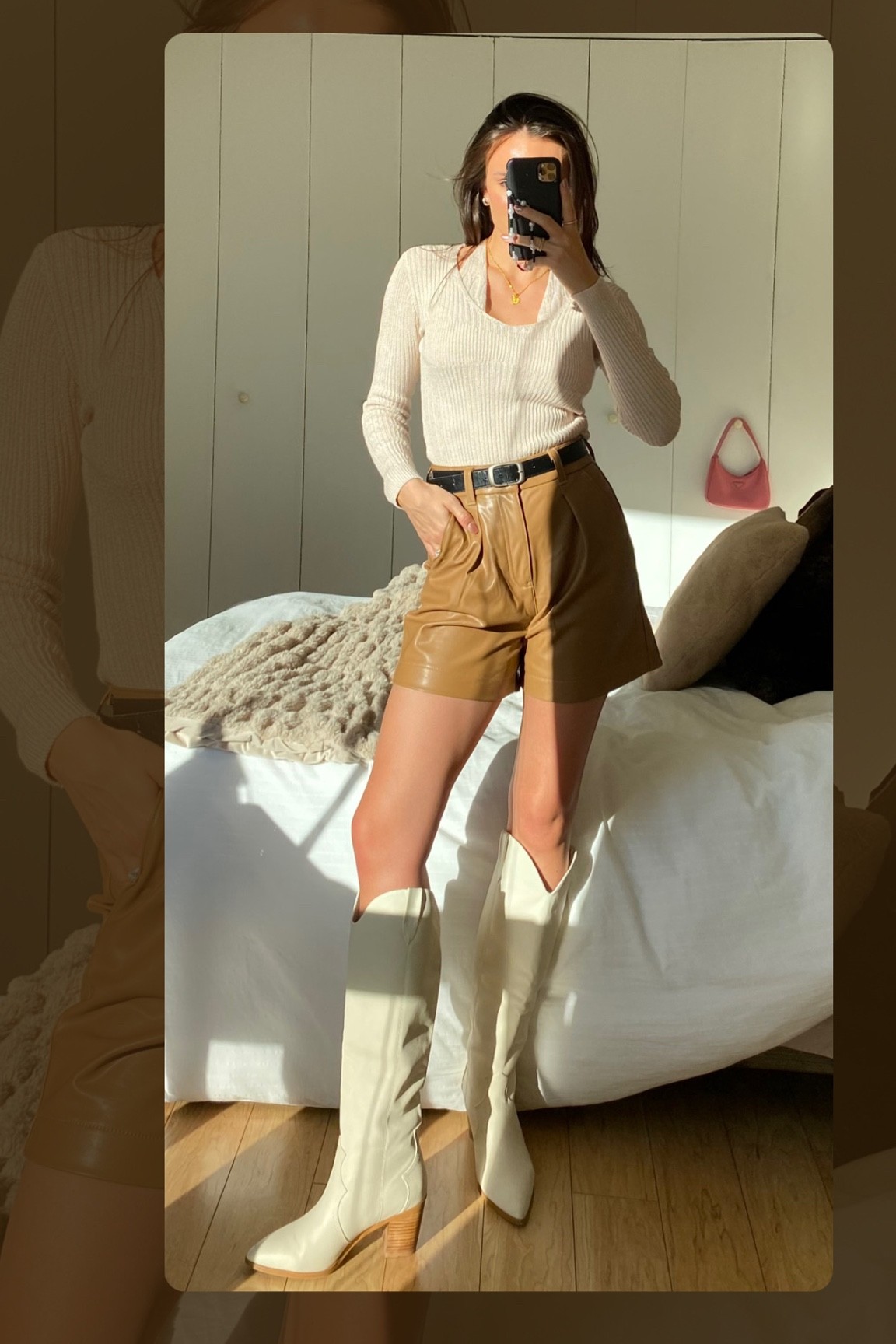 I LOVE this unique sweater neckline! It’s the perfect knit for the transition into fall. Faux leather shorts and some subtle “cowgirl” / western boots really make this whole look so fun 🤎 #leathershorts #neutralstyle #fallfashion