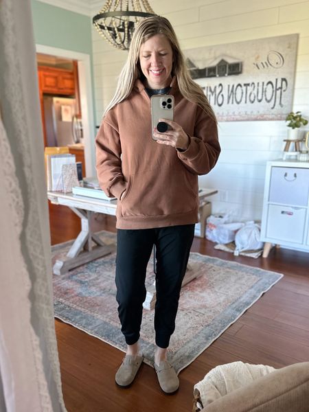 Cozy Fall morning outfit! This sweatshirt is part of a 2 piece set that comes with shorts. The joggers are great. No elastic waist. I’m 5’7” and in a small in both. #cozyfashion #comfyootd #ootd

#LTKSeasonal #LTKover40 #LTKstyletip