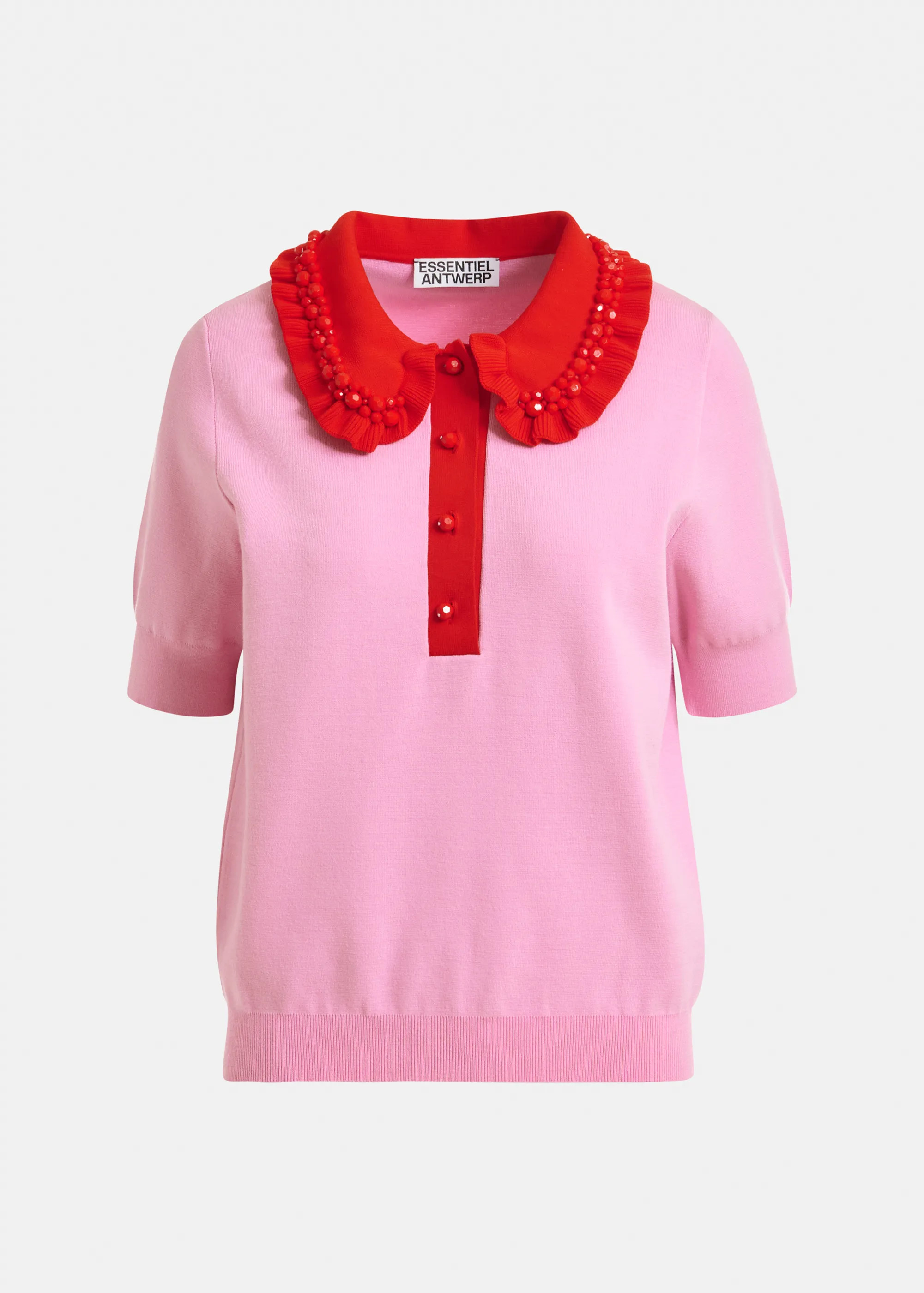 Pink and red ruffle fine-knit polo top with bead embellishments | Essentiel Antwerp United Kingdo... | Essentiel Antwerp
