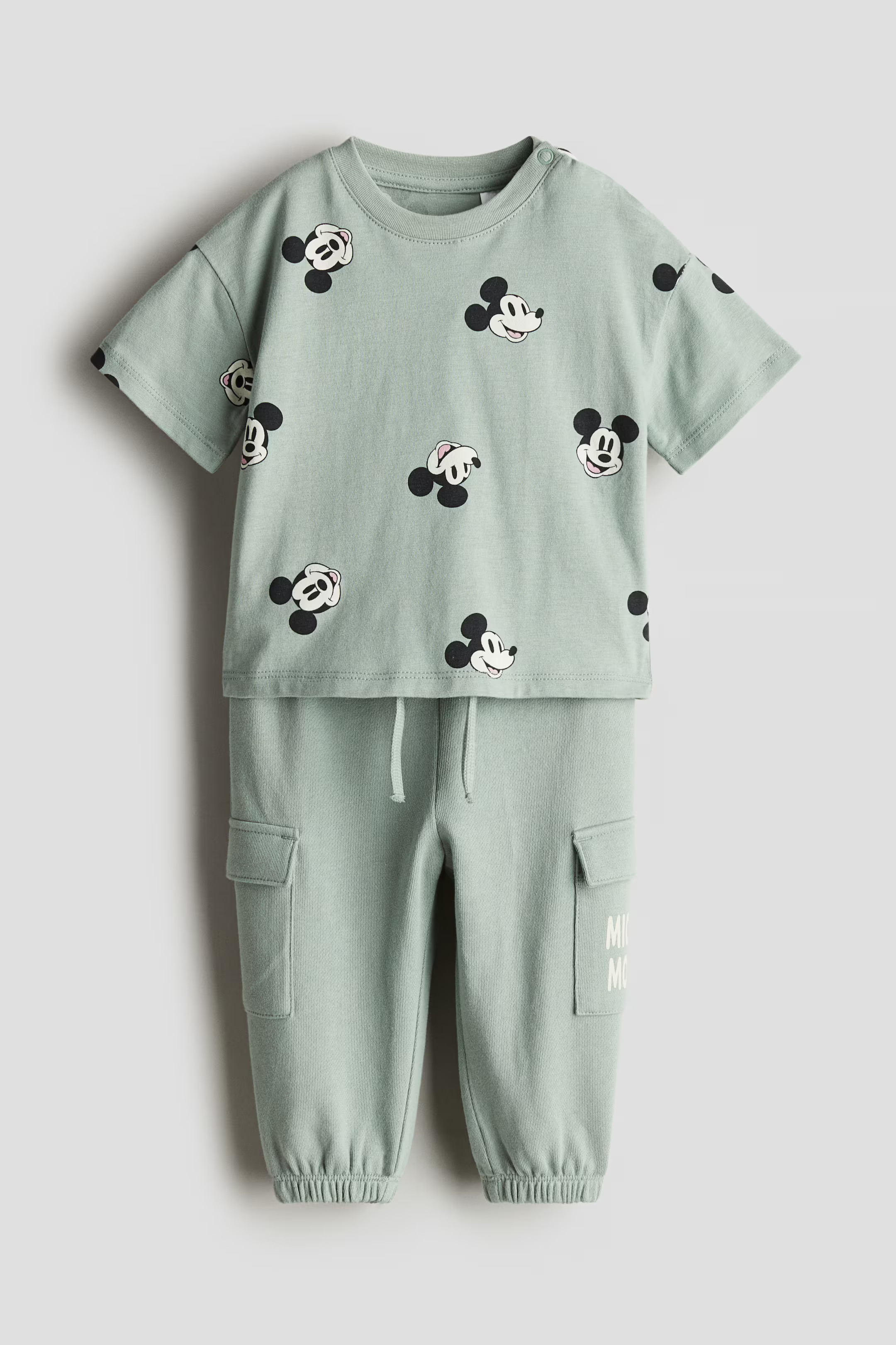 2-piece T-shirt and Joggers Cotton Set - Light dusty green/Mickey Mouse - Kids | H&M US | H&M (US + CA)