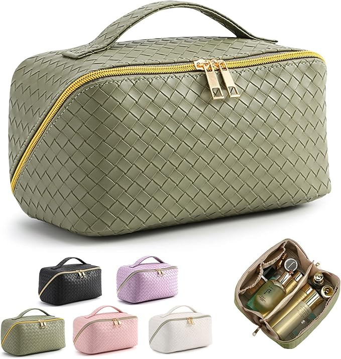 MINGRI Large Capacity Travel Cosmetic Bag for Women,Portable PU Leather Checkered Makeup Bag Wate... | Amazon (US)