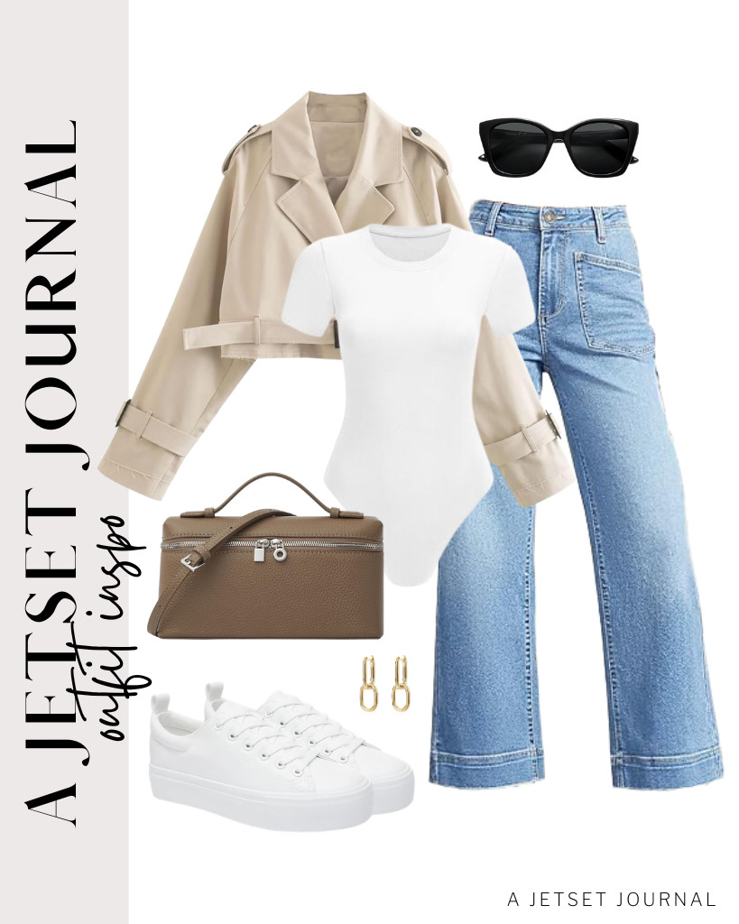 This outfit combination of a white short-sleeve bodysuit and Cicy Bell wide-leg jeans goes well with a beige cropped trench coat. These SERNIAL white platform sneakers are perfect for this look. Add this DORIS&JACKY crossbody bag, too! 

 #LTKSeasonal #LTKSaleAlert #LTKTravel