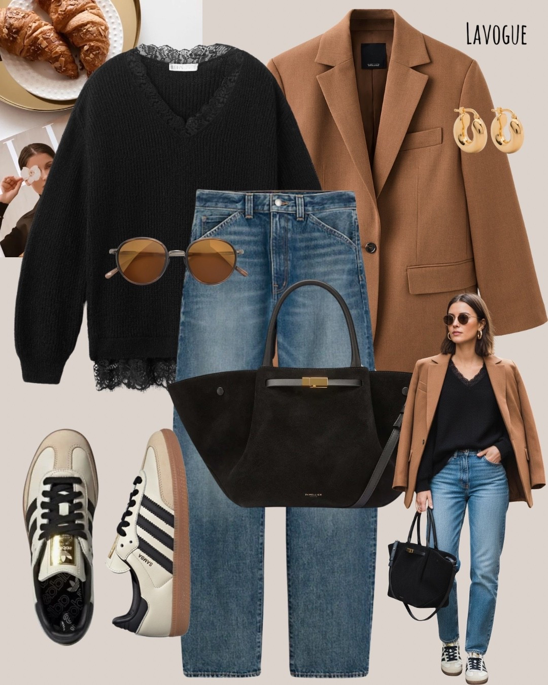 Effortless everyday chic 🤎 Camel blazer over a black lace-trim sweater and blue jeans, finished with Adidas sneakers and a black suede DeMellier bag for an elevated casual vibe. ✨

Shop Below 👇🏼 

#LTKWorkwear #LTKootd #LTKSeasonal