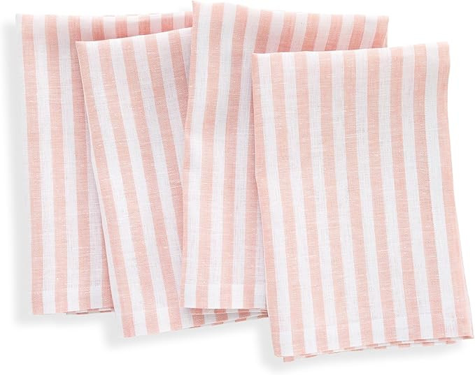 Solino Home Linen Cloth Napkins Set of 4-100% Pure Linen Coral and White Striped Dinner Napkins 2... | Amazon (US)
