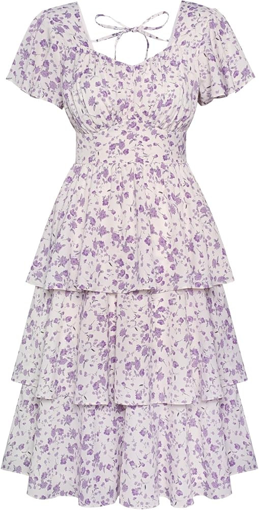 Belle Poque Women's Square Neck Tiered Ruffle Dress 2025 Summer Vintage Short Sleeve Layered A-li... | Amazon (US)