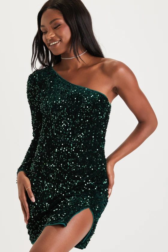 Flawless Shine Emerald Green Sequin One-Shoulder Mini Dress | Lulus (US)
