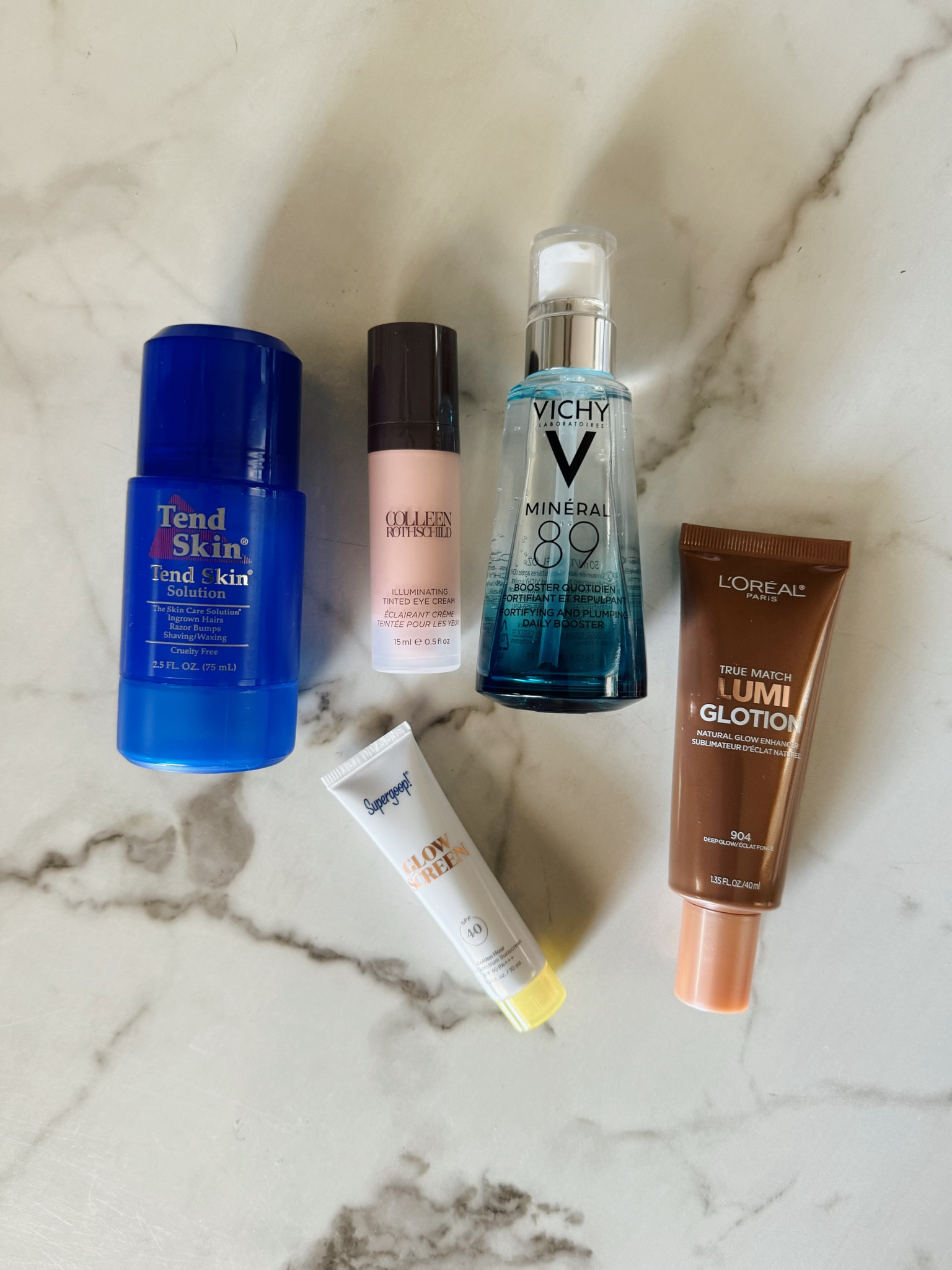 My holy grail skincare line up 🤌🏼
The Breakdown: 
- Vichy Mineral 89 is my saving grace for dry skin. I use this daily under my moisturizer and it leaves my skin looking plump and feeling refreshed. 
- L’Oreal Lumi Glotion is what I wear when I need a little glowy boost. I mix it in with my moisturizer and wear it with or without makeup. Creates a dewy look!
- Colleen Rothschild Illuminating Tinted Eye Cream is tooooo good. For a chronic dark circle and puffy eye gal, the pink pigmentation combined with the hydration leaves my eyes looking well rested. 
- Supergoop is my daily tinted sunscreen. It doesn’t smell bad nor leave a sticky feel.
- Tend Skin is a new product for me but I’m already swearing by it! After a week of use, I’ve noticed less redness, bumps, & irritation on my skin.

#LTKfindsunder100 #LTKbeauty #LTKGiftGuide