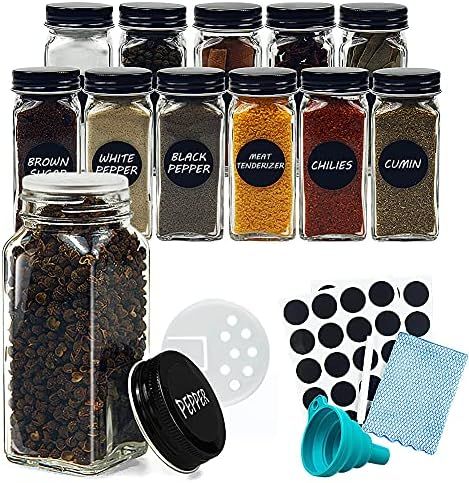 4oz Square Glass Spice Jars with Labels, 12 Pack Seasoning Containers with Shaker Lids and Black Met | Amazon (US)