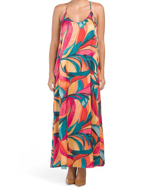 Satin Abstract Maxi Dress With Pockets | TJ Maxx