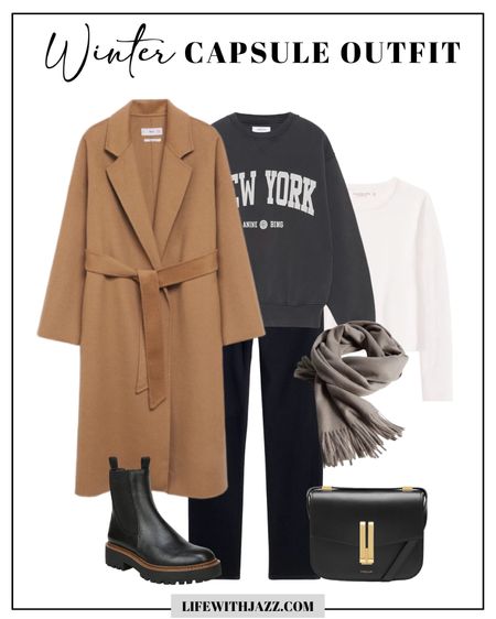 Winter capsule outfit inspo 

Camel belted coat 
Sweatshirt 
Straight leg jeans - I recommend sizing down in madewell 
Soft fringed scarf 
Leather tote 
Laguna Chelsea boots 

Minimalist winter outfit / comfy casual 

#LTKtravel #LTKworkwear #LTKunder100