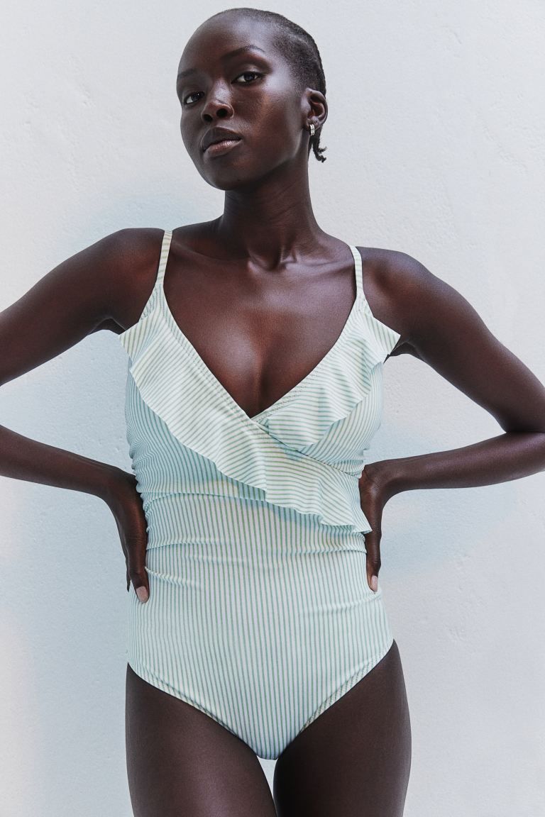 Flounced Shaping Swimsuit - White/green striped - Ladies | H&M US | H&M (US + CA)