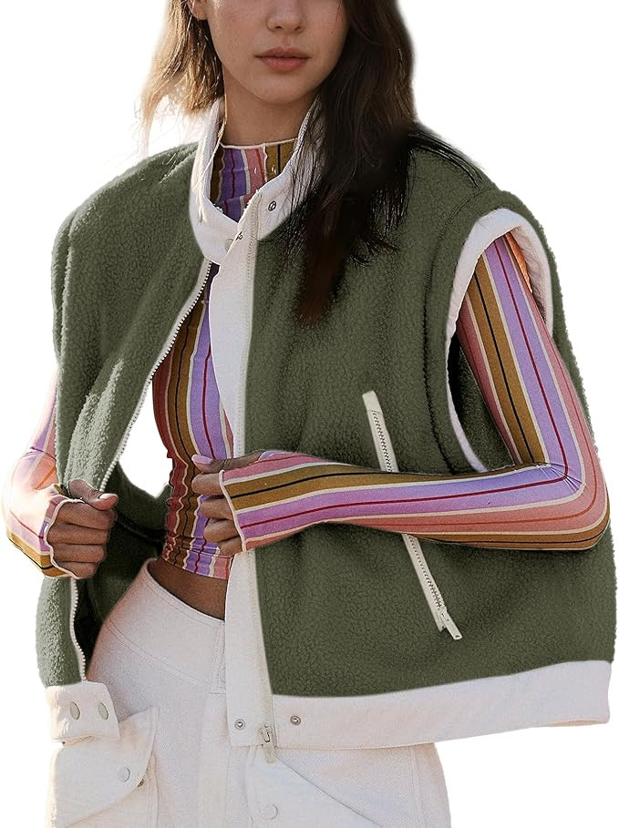 Ainangua Women Fuzzy Moto Fleece Vest Oversized Zip Up Sleeveless Sherpa Jacket Lightweight Warm ... | Amazon (US)