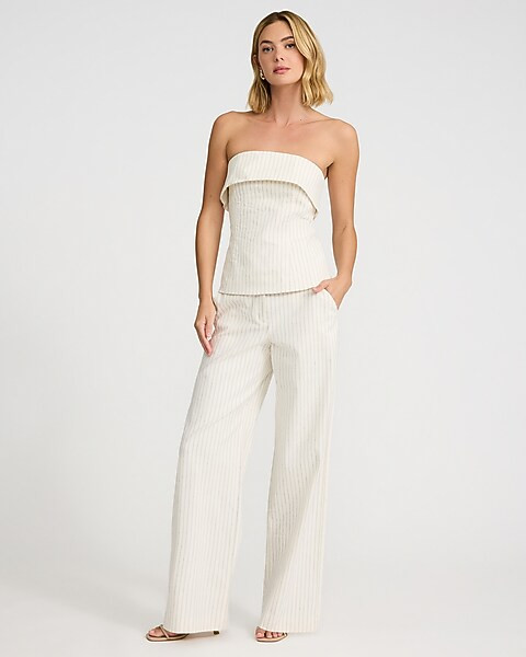 Linen-Blend Striped Fold Over Strapless Tailored Top | Express